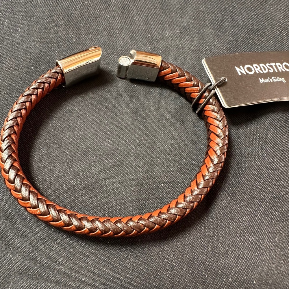 Nordstrom Mens Braided Leather Bracelet Two Tone Brown Magnetic Clasp Accessory